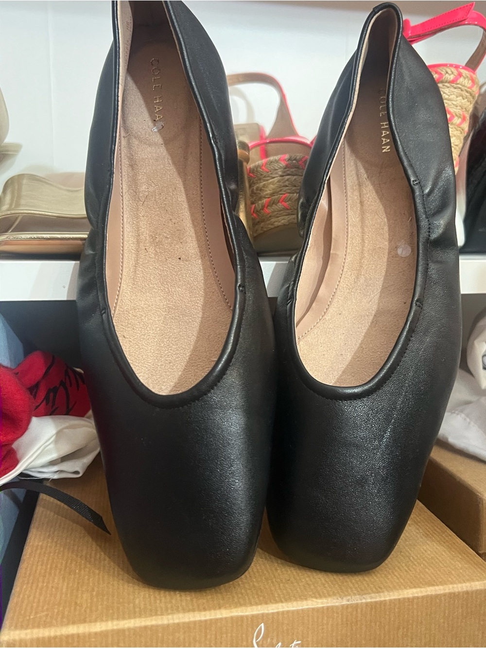 Cole Haan Black Leather Square-Toe Ballet Flats